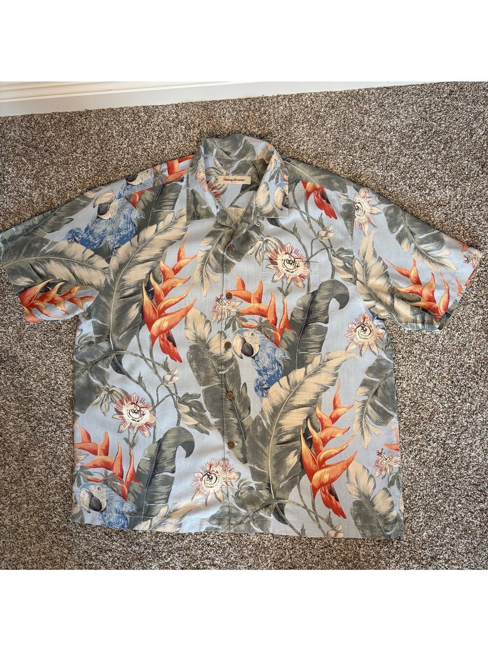 Y2K Tommy Bahama Silk Hawaiian Shirt XL Blue Macaw Parrot Tropical Resort
